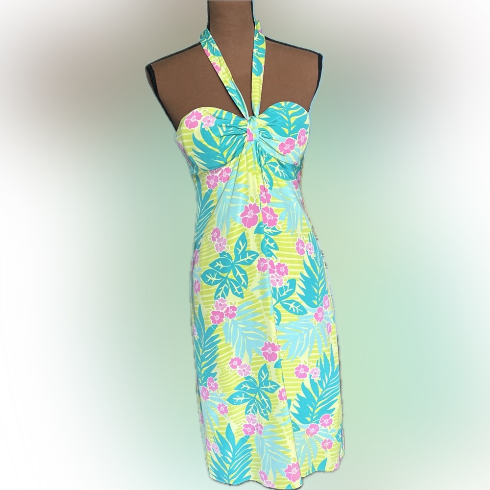 Lilly Pulitzer Tropical Print Dress Halter/Strapless Pink Flowers Green Leaves